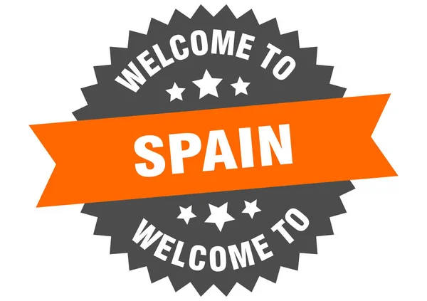 España firma. Bienvenido a España pegatina naranja — Vector de stock