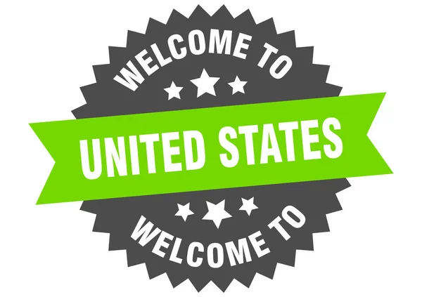 Firma de Estados Unidos. Bienvenido a Estados Unidos etiqueta verde — Archivo Imágenes Vectoriales