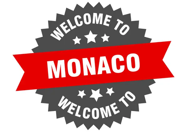 Signo de Mónaco. Bienvenido a Mónaco etiqueta roja — Vector de stock