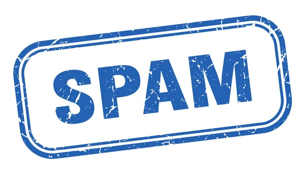 Timbre anti-spam. Spam carré grunge signe bleu — Image vectorielle