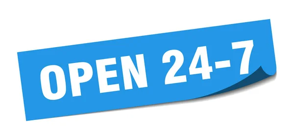 24 7 Aufkleber öffnen. 24 7 quadratische Zeichen öffnen. geöffnet 24 7. Schäler — Stockvektor