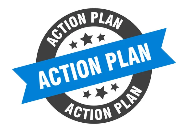 Znak planu działania. naklejka z okrągłą wstążką planu działania. Znacznik planu działania — Wektor stockowy