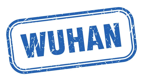 Σφραγίδα Wuhan. Wuhan τετράγωνο grunge μπλε σημάδι. Ετικέτα Wuhan — Διανυσματικό Αρχείο
