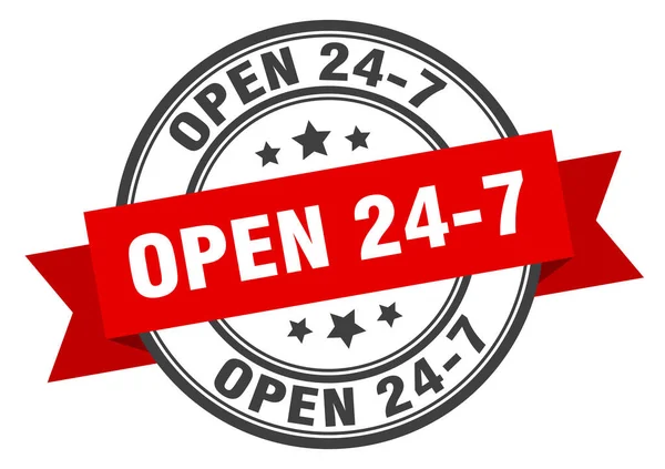 Open 24-7 label. Open 24 7 ronde band teken. open 24 7 stempel — Stockvector