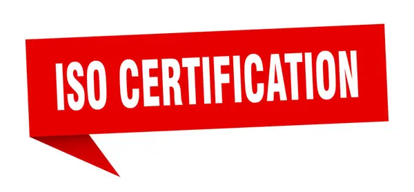 Iso certificación discurso burbuja. señal de cinta de certificación iso. ISO banner de certificación — Vector de stock
