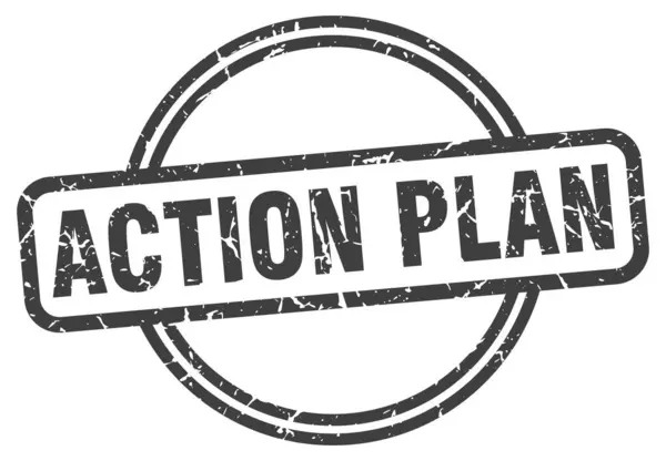 Штамп плана действий. План действий круглый винтажный гранж знак. план действий — стоковый вектор