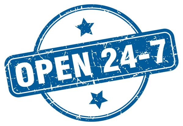 Offen 24 7 Marke. open 24 7 round vintage grunge sign. geöffnet 24 7 — Stockvektor