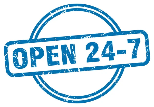 Offen 24 7 Marke. open 24 7 round vintage grunge sign. geöffnet 24 7 — Stockvektor