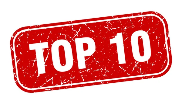 トップ10スタンプ 上10平方グランジー赤の看板 — ストックベクタ
