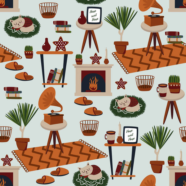 бесшовный рисунок с граммофоном, кошкой и ковром - векторная иллюстрация, eps
