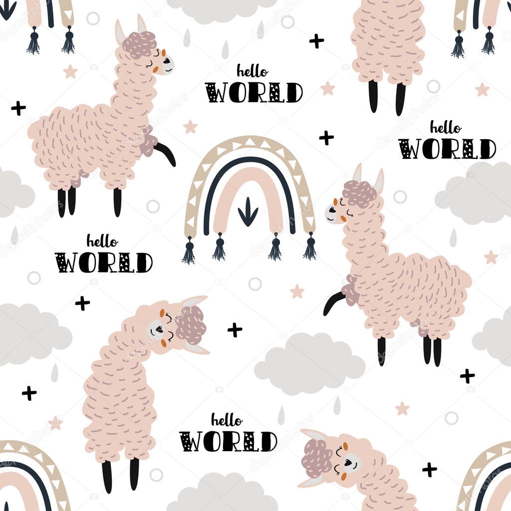 seamless pattern with llamas and rainbows on white background - vector illustration, eps