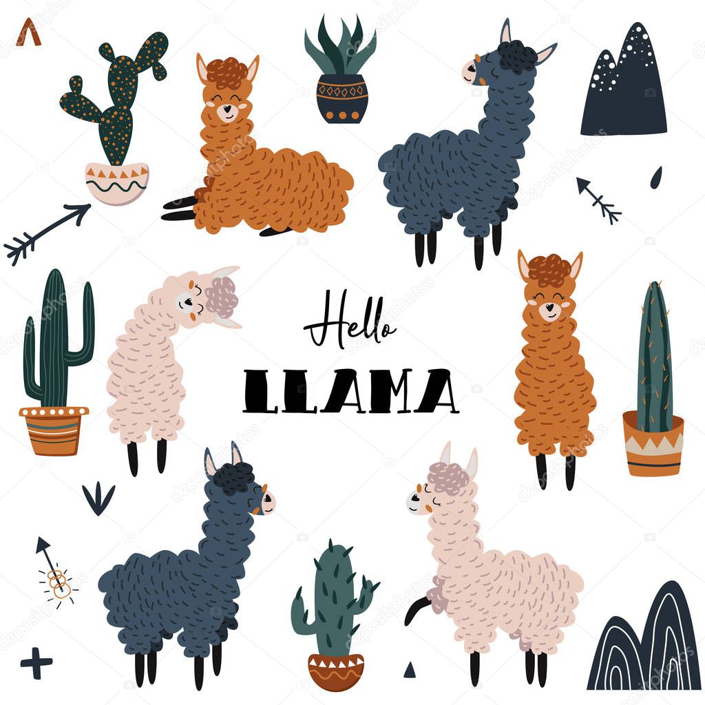 set of isolated llamas and cacti - vector illustration, eps