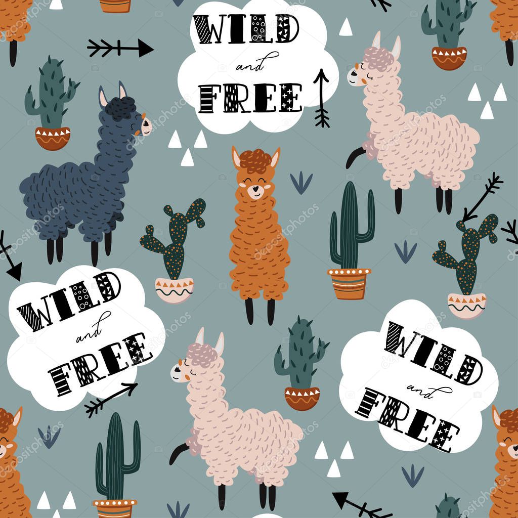 wild and free seamless pattern with llamas - vector illustration, eps
