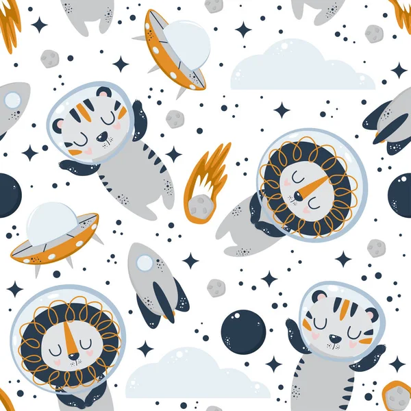 Nahtloses Muster Mit Niedlichen Astronauten Tigerlöwen Auf Weißem Hintergrund Vektor — Stockvektor