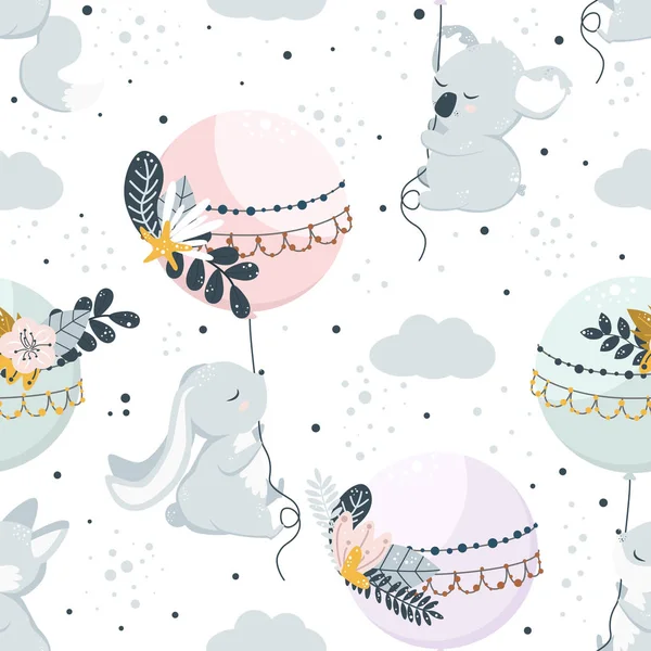 Seamless Pattern Flying Animals Balloons Vector Illustration Eps — ストックベクタ
