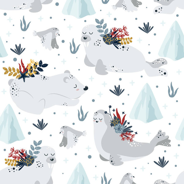 бесшовный узор с полярными животными и цветами на белом фоне - векторная иллюстрация, eps
