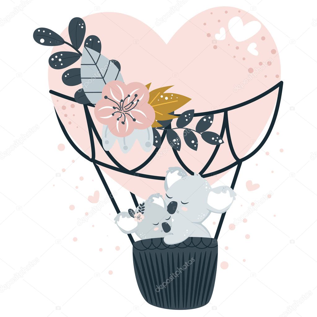 greeting card with koala is flying in a balloon - vector illustration, eps