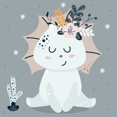 poster with cute dinosaur and flowers - vector illustration, eps