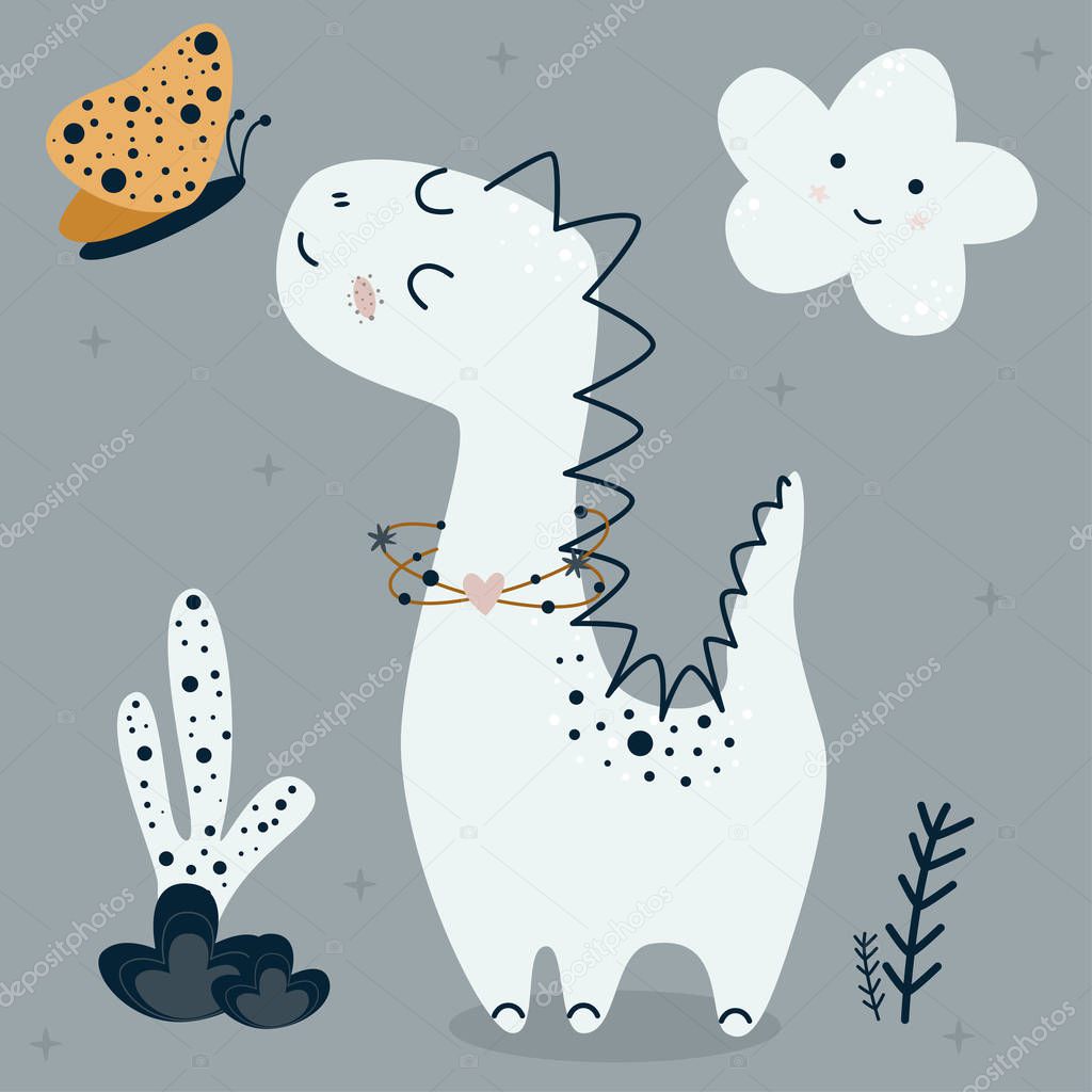 poster with cute dino and butterfly - vector illustration, eps