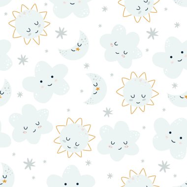 Beyaz arka planda sevimli ay ve bulutlu kusursuz desen - vektör illüstrasyonu, eps