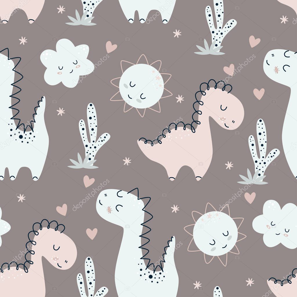 seamless pattern with cute dino and sun - vector illustration, eps
