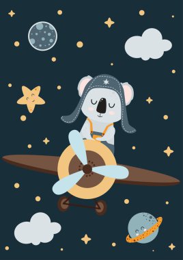 Gece gökyüzüne karşı bir uçakta koala ile seyahat kartı - vektör çizimi, ep