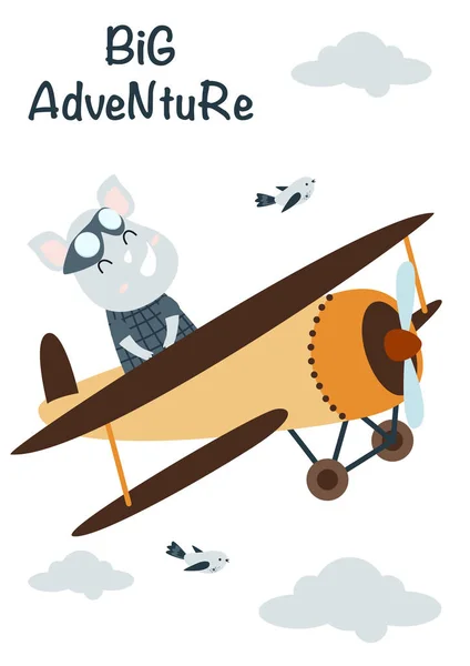 Reisekarte Mit Nashorn Flugzeug Vektorillustration Folge — Stockvektor