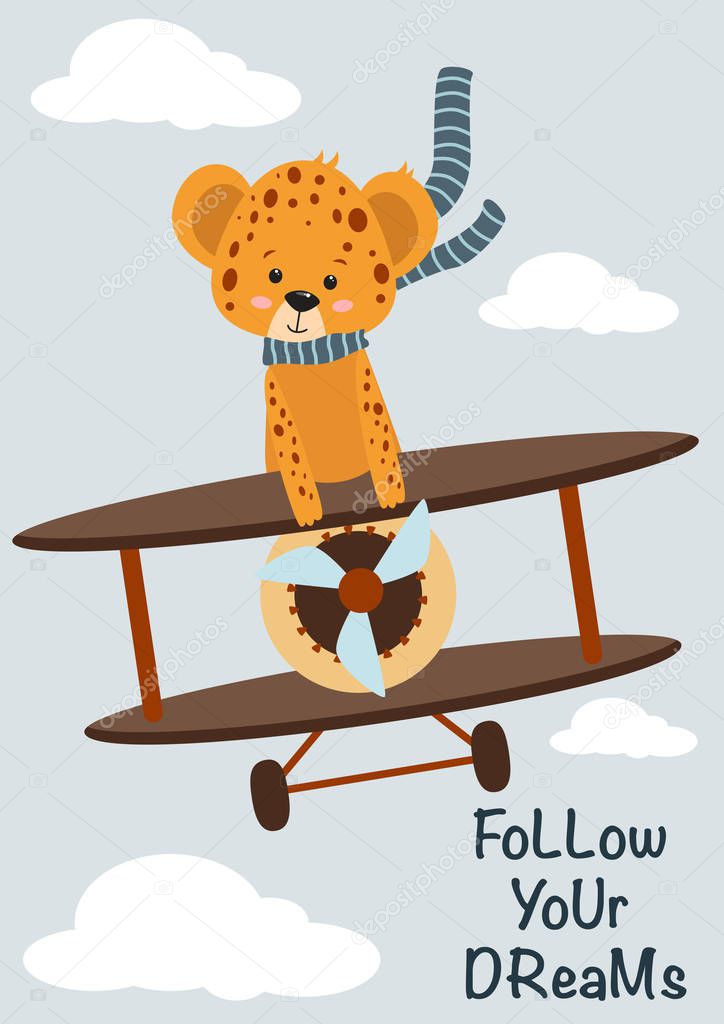 travel card with leopard on a plane - vector illustration, eps