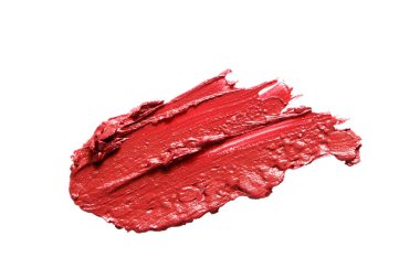 Beyaz arka planda krem rengi ruj lekesi izole edilmiş. Makyaj dokusu. Kırmızı kozmetik ürün kaydırma örneği