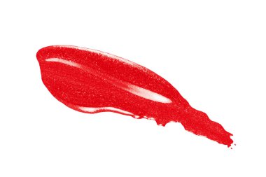 Beyaz üzerinde kırmızı metalik dudak parlatıcısı lekesi var. Sıvı ruj, parlak vuruş örneği.