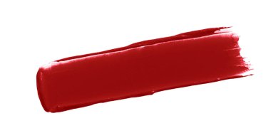 Beyaz arka planda izole edilmiş matte ruj lekesi örneği. Krem makyaj dokusu. Kırmızı renkli kozmetik ürünler fırça darbesi izi örneği