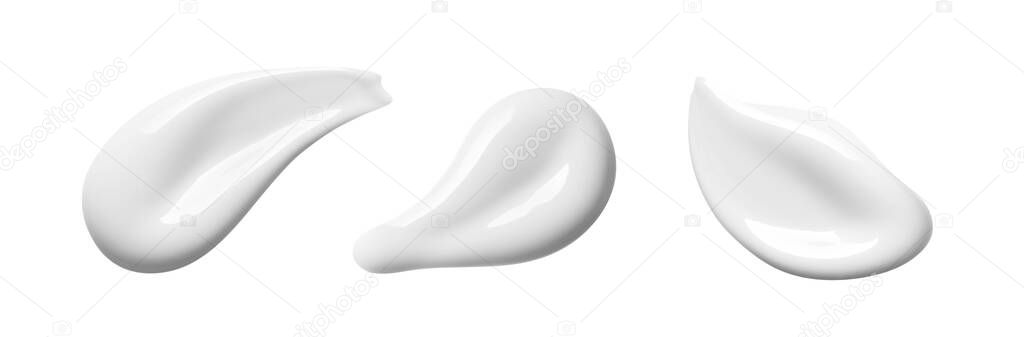 White cosmetic cream texture. Set of  lotion swatches isolated on white background. Beauty skin care product smear smudge drop. BB CC cream swipe sample