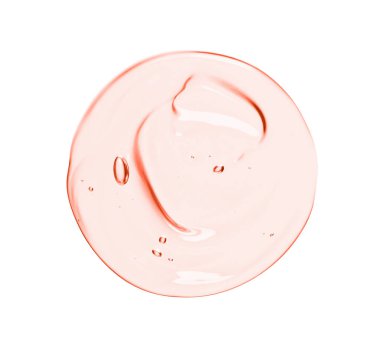 Kozmetik sıvı jel damlası. Açık pembe yüz serumu, göz kremi dokusu. Beyaz arkaplanda şeffaf kozmetik ürün örneği izole edildi