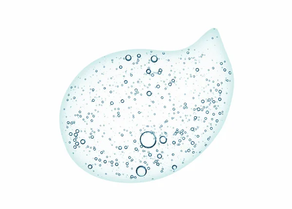 Kabarcıklı mavi sıvı jel beyaza düşer. Kozmetik serum dokusu. El antiseptiği örneği. Temiz cilt ürünleri yakın çekim