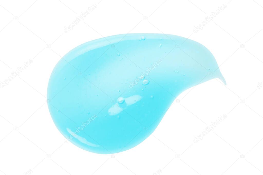 Liquid gel, serum texture. Clear cosmetic cream swatch smear smudge isolated on white. Face scrub cleanser, shower gel, liquid soap drop. Blue transparent skin care product closeup
