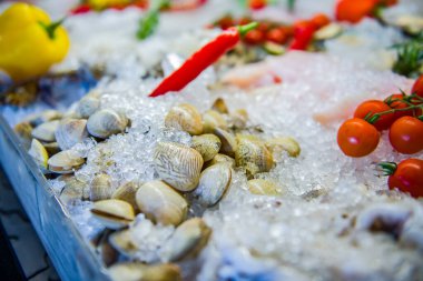Taze deniz ürünleri buzda sergilenir.