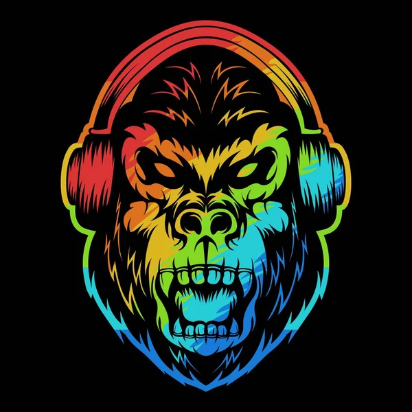 Angry Gorilla Headphone Colorful Vector Illustration — Stock Vector