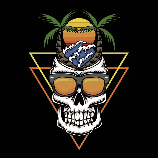 Skull Holiday Strand Zonsondergang Retro Vector Illustratie Voor Bedrijf Merk — Stockvector