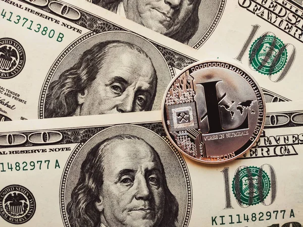 Litecoin Kft. fizikai érme USA dollárban. Digitális valuta — Stock Fotó