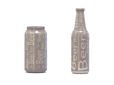 Bira kutusu ve şişe beyaz arka planda izole edilmiş, gölgeli 3D illüstrasyonlu.