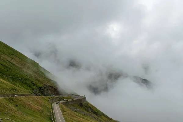 Road Crosses Fagaras Mountains Seen Fog Transfagarasan Romania Stock Photo