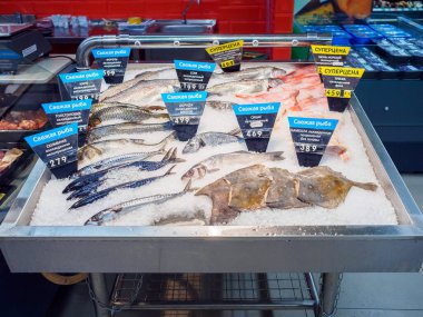 Bryansk, Rusya - 15 Aralık 2019: Perekrestok mağazasında taze donmuş balığın sergilendiği gösteri