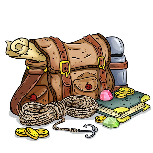 Adventurer pack colorful illustration. Fantasy character pouch with magical items. Treasure bag comic style doodle. Gold coins, rope, book