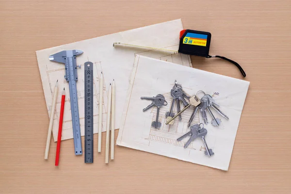 Sada nástrojů pro měření na dřevěné pozadí — Stock fotografie