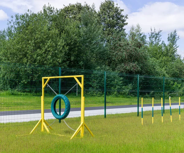 Ring Skokowy Jest Pustym Psim Obszarze Treningowym Trawnik Świeżą Zieloną — Zdjęcie stockowe