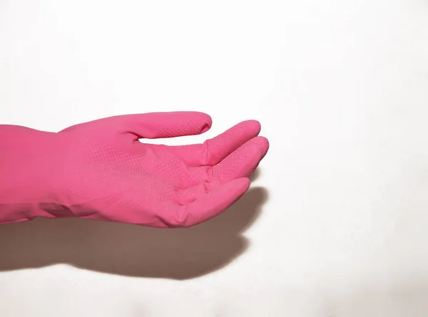 Pink Glove Dressed Hand Holds Palm White Background — Stock Photo, Image