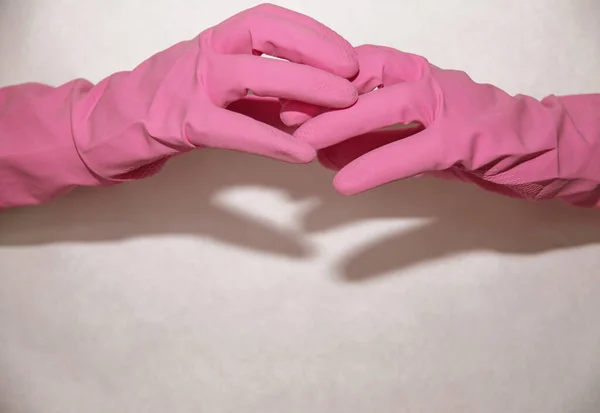 Pink Gloves Dressed Both Hands White Background Touch Each Other — Stock Photo, Image