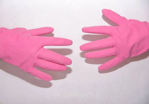 Pink Household Gloves Dressed Both Hands White Background Stretch Each — Stock Photo, Image