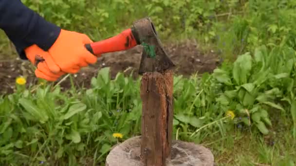 オレンジの手袋の手は赤いハンドルと斧を保持し 切り株に木を切ります — ストック動画