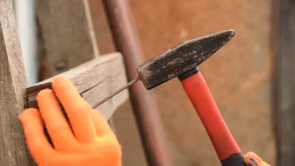 Mano Guantes Anaranjados Martillo Clavo Con Mango Rojo — Vídeo de stock